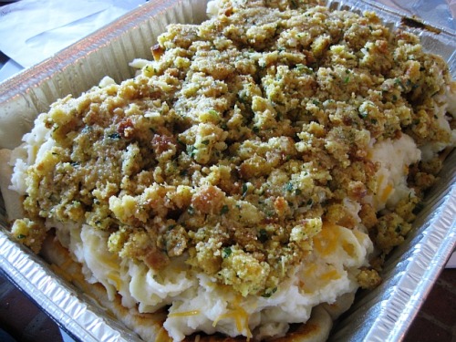 Carb Casserole A multi-layered casserole with layers of pizza, mole sauce, mexican fiesta cheese, mashed potatoes, egg noodles, cheese and Stove Top stuffing. (submitted by Jason Lam via mightysweet)
